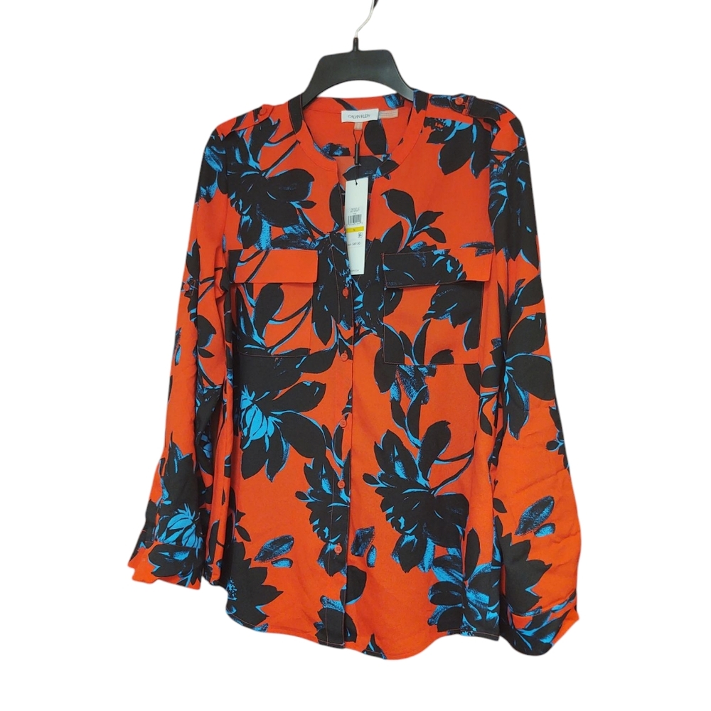 Calvin Klein Orange Floral Button-Up Blouse with Blue & Black Accents